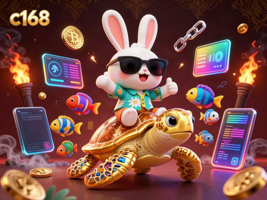 Engage with c168 casino adventures featuring a lucky rabbit and golden turtle amid crypto elements.