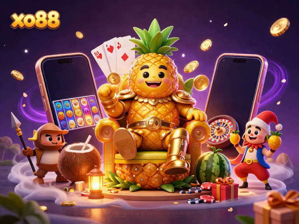 Experience thrilling gaming with the xo88 pineapple king and friends in a vibrant casino scene.