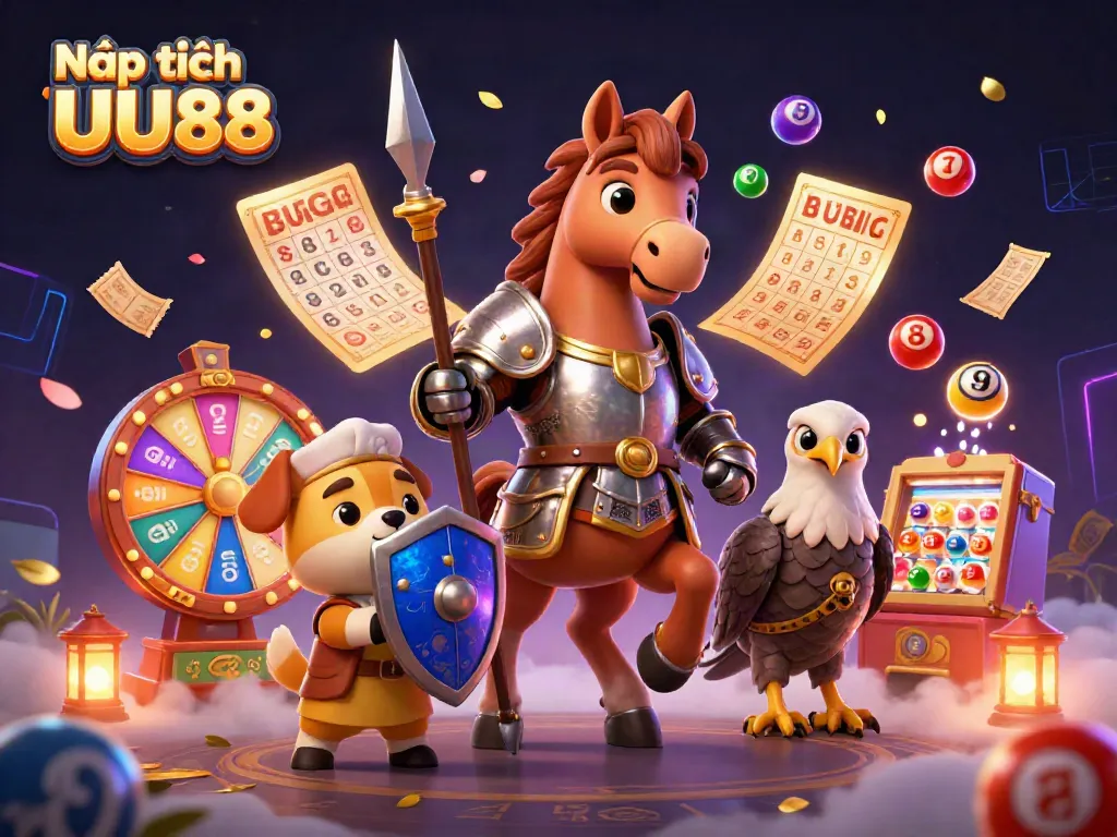 Engage with Nạp tiền UU88 in a vibrant 3D illustration featuring a knight, puppy, and falcon amid lottery elements.