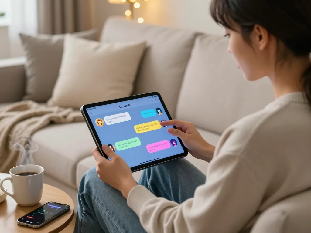 Engaging user experience with Crushon AI on a cozy sofa, showcasing customizable character interactions.