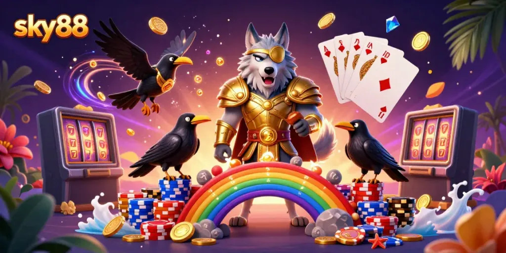 Experience thrilling gameplay and luck with sky88's captivating casino scene featuring Odin and his ravens.