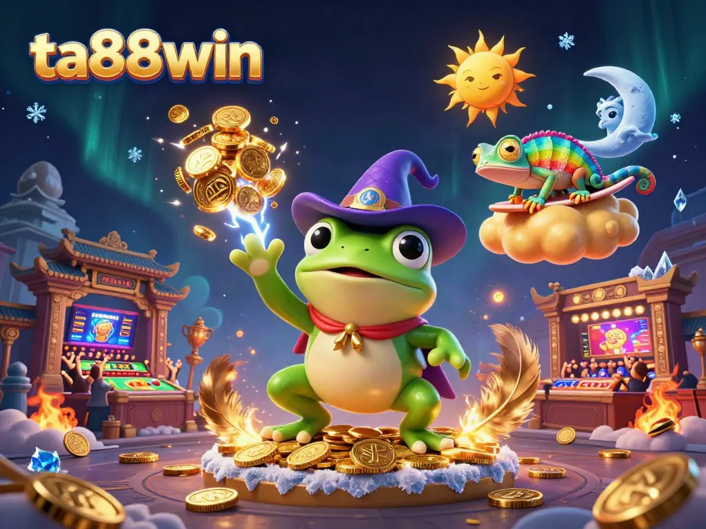 Experience the magic of ta88win with a weather wizard frog and rainbow chameleon among golden coins in a lively casino scene.
