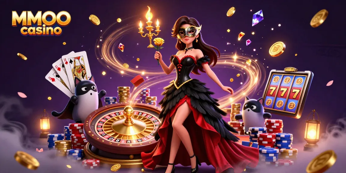 Engaging scene showcasing MMOO casino with a stunning woman in a ball gown and gambling elements.