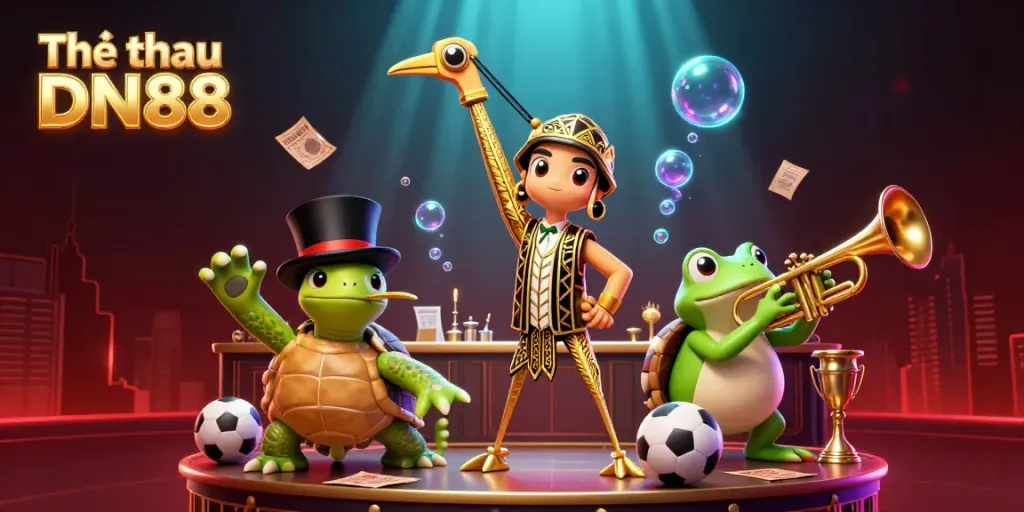 Experience dynamic sports betting action with Thể thao DN88 featuring a crane, turtle, and frog in a lively scene.