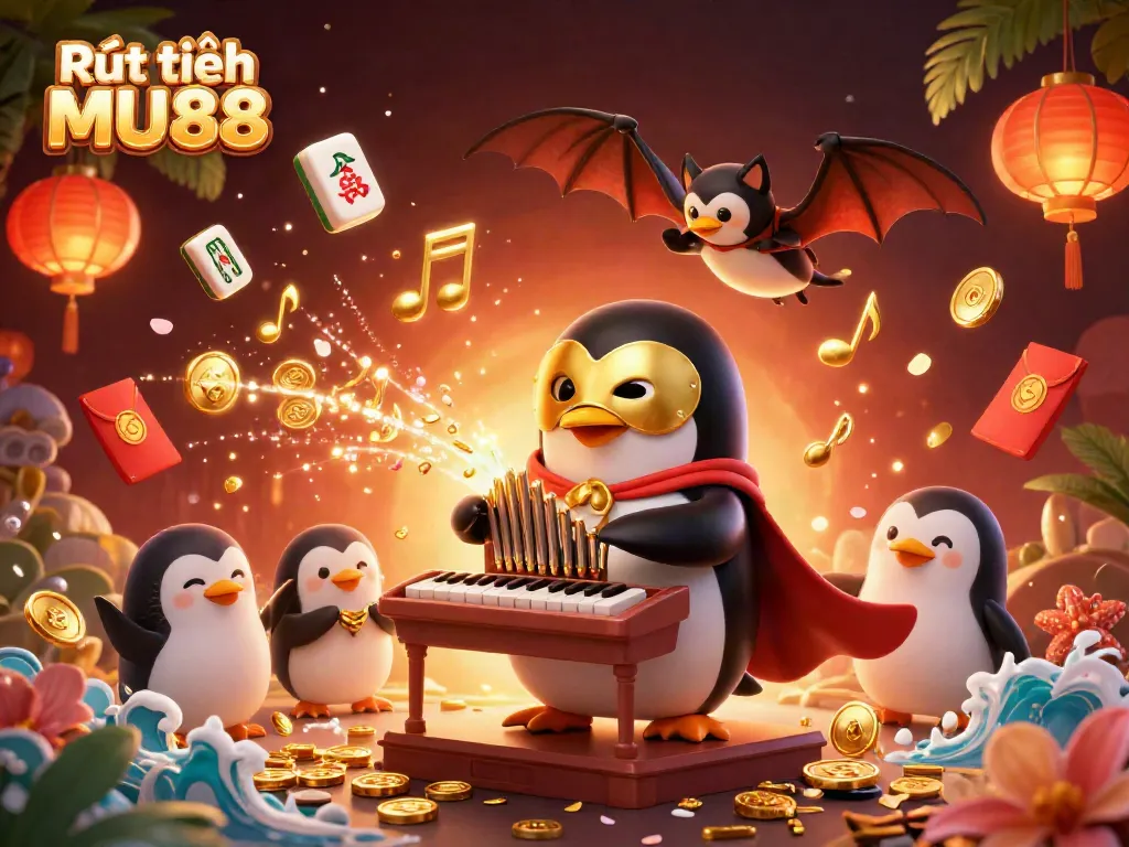 Experience Rút tiền MU88 with a vibrant 3D illustration of a penguin playing an organ, shooting golden coins.