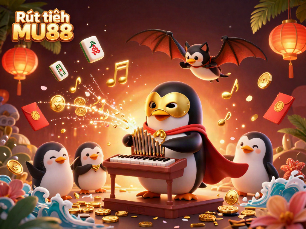 Experience Rút tiền MU88 with a vibrant 3D illustration of a penguin playing an organ, shooting golden coins.