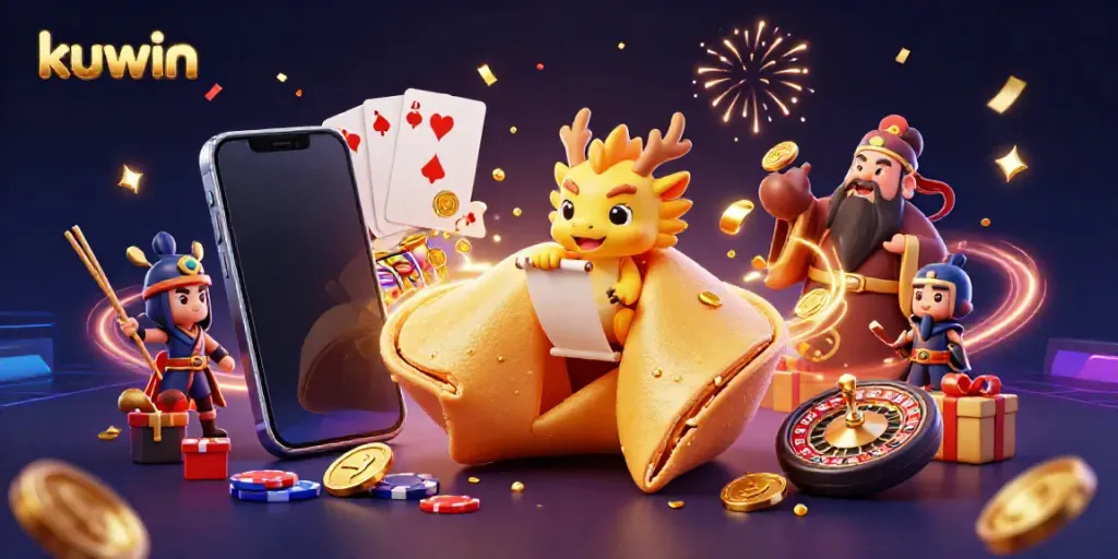 Experience the vibrant kuwin casino atmosphere with a dynamic 3D fantasy scene full of game elements.