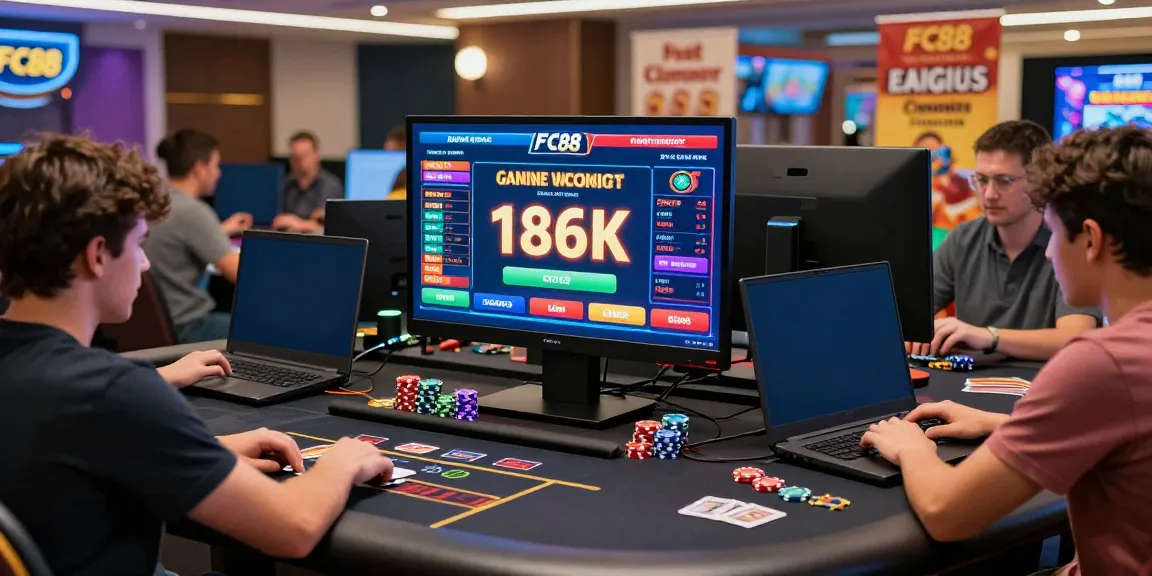 Engaging FC88 online gambling scene with players using smartphones and laptops in modern lounge.