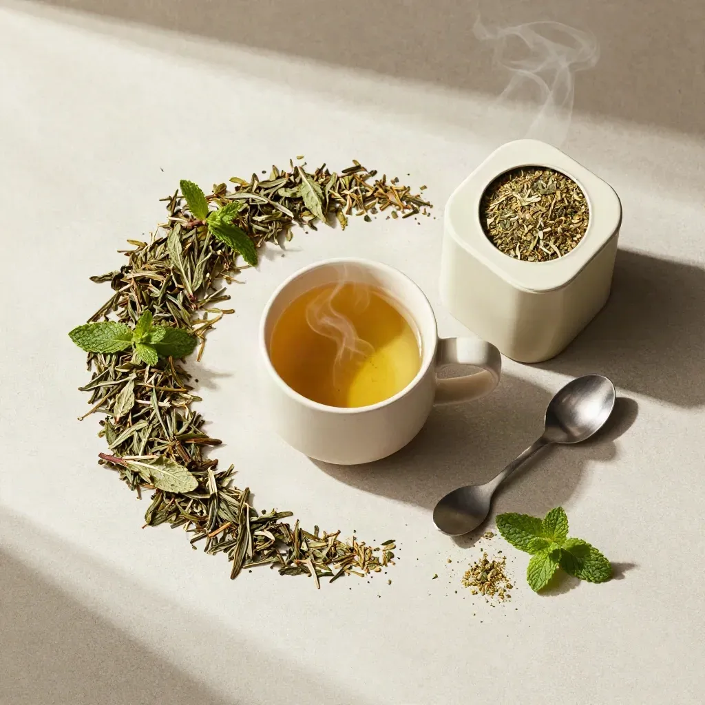 Krem fincanlı nane çayı karışımı, açık teneke kutu ve kaşıkla üstten düzenli flatlay.
