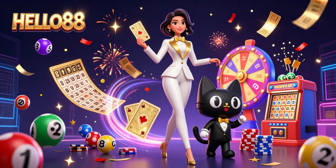 Join the fun at HELLO88 with a glamorous woman shuffling cards amidst a lively casino scene.