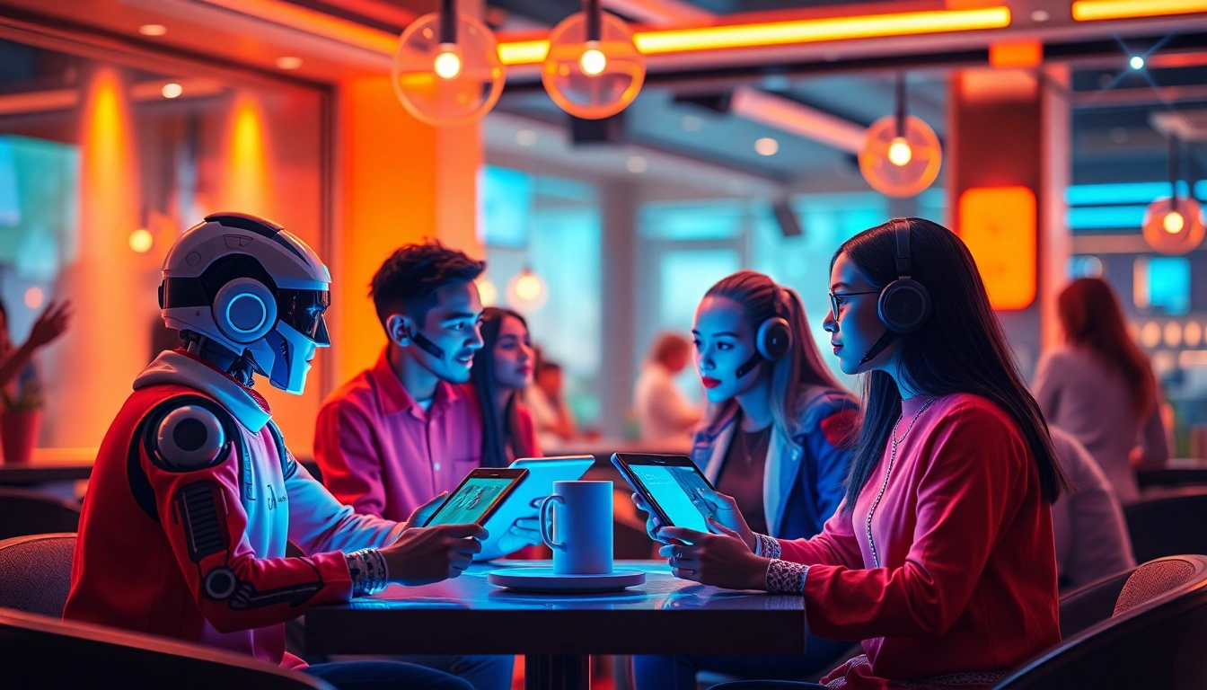Engaging AI character interactions in a futuristic café showcasing crushon ia