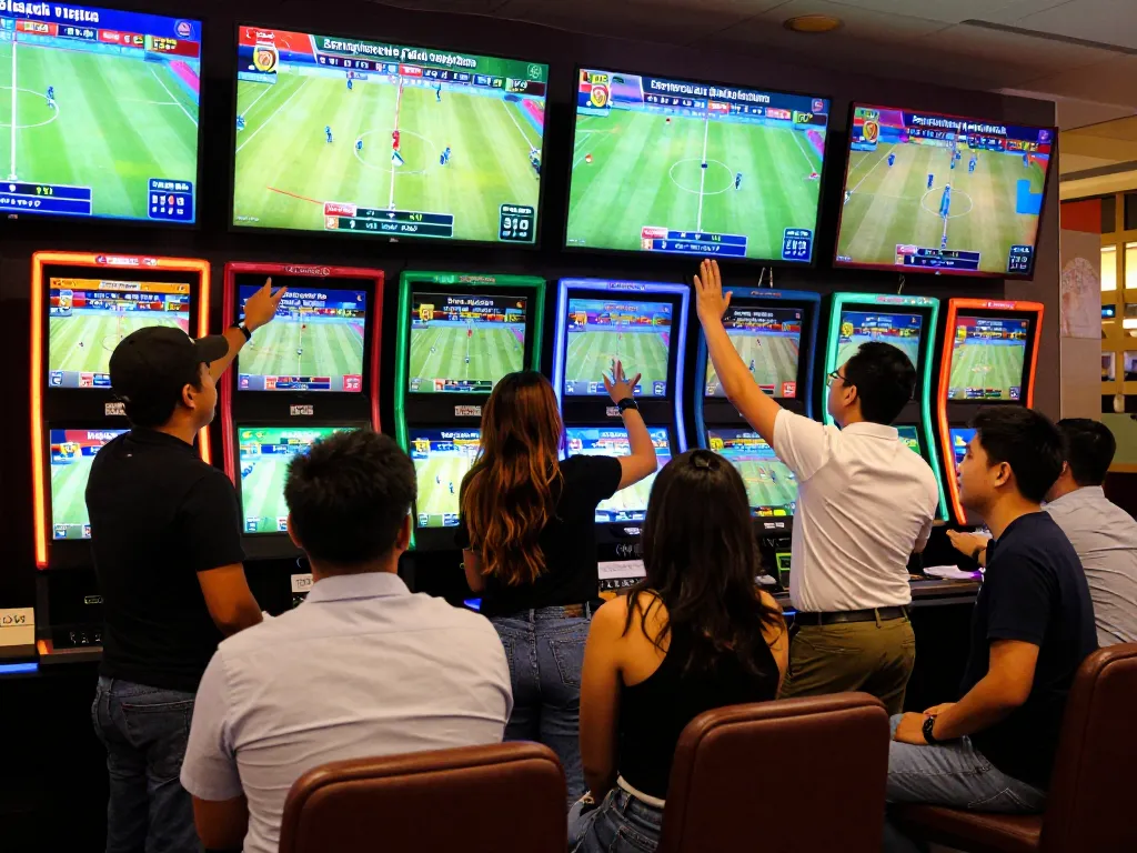 Excited patrons enjoying sports betting at a lively lounge while interacting with tr88 com betting applications.