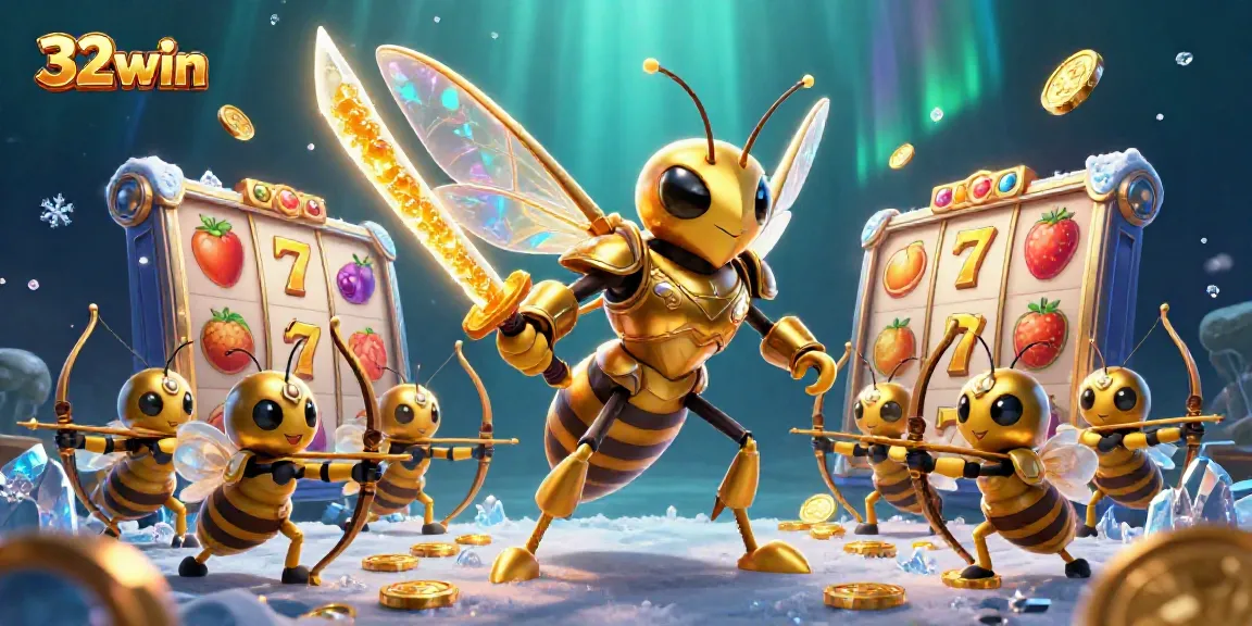 Engage with the vibrant world of 32win slots, showcasing a creative golden hornet and dynamic casino elements.