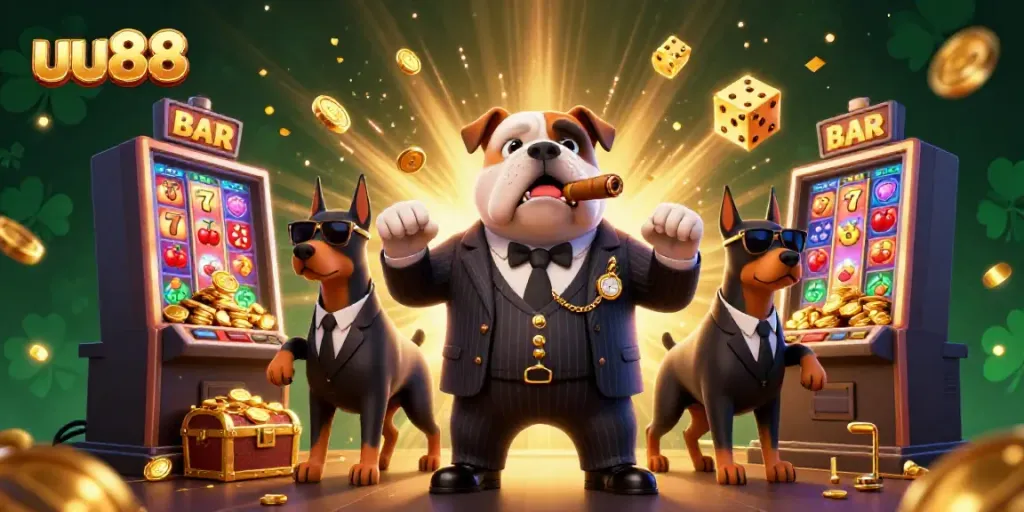 Experience thrilling gameplay with uu88’s vibrant casino scene featuring a bulldog mafia boss, jackpots, and colorful game elements.