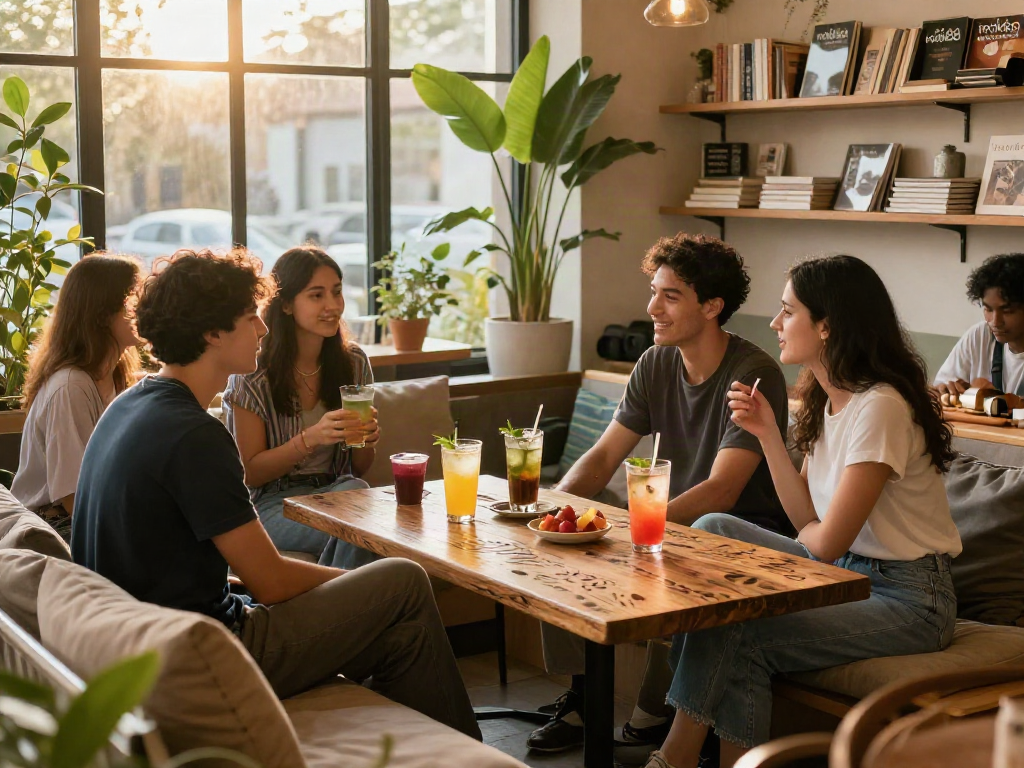 Friends gathering at rokok88 café enjoying colorful drinks and conversation in a cozy lounge setting.