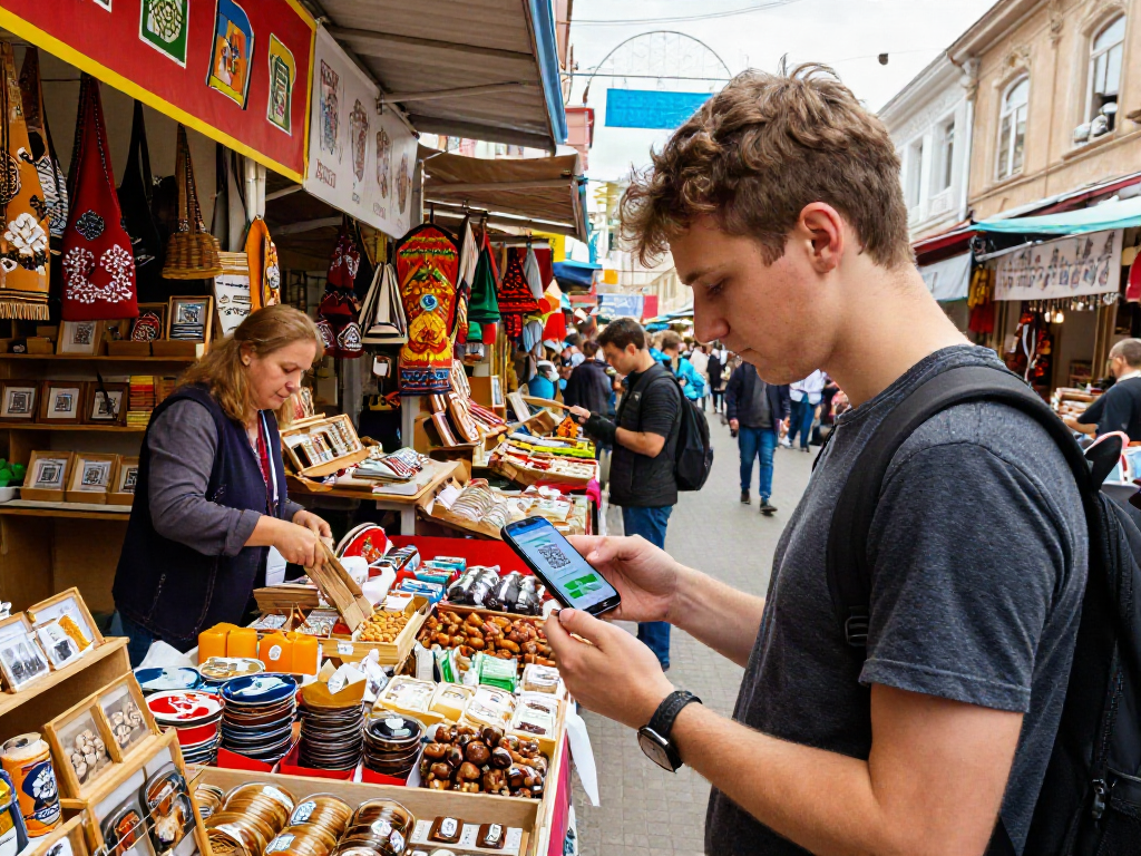 https://payinrussia.com/ üzerinden dijital ödemeler yapan turist, canlı pazar yerinde yerel ürünleri inceliyor.