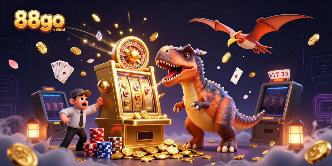 Experience the excitement of 88go com trang chủ with a 3D cartoon scene of a pachycephalosaurus and a golden slot machine.