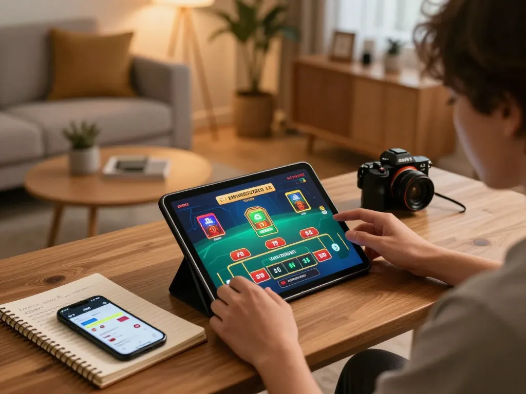 Engaging online gambling session on https://kp8888.net/ with live dealer game displayed on tablet in cozy home atmosphere.