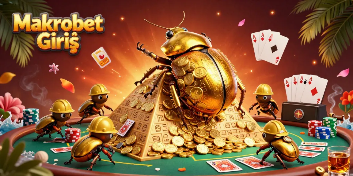 Makrobet Giriş showcases cartoon beetles in a vivid casino scene with golden coins and poker elements.