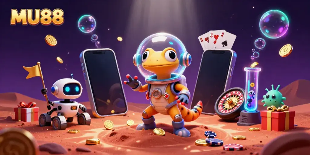 Engage with MU88's thrilling casino adventure featuring a 3D cartoon Martian gecko and vibrant gaming elements.