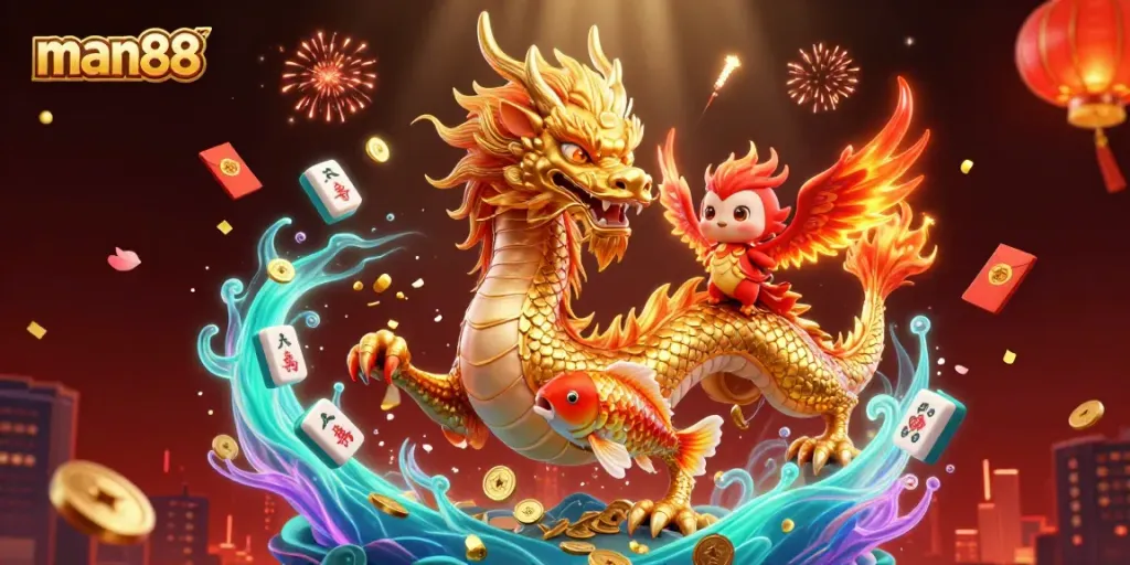Experience thrilling gaming moments with man88's vibrant dragon, koi fish, and phoenix in a dazzling casino scene.