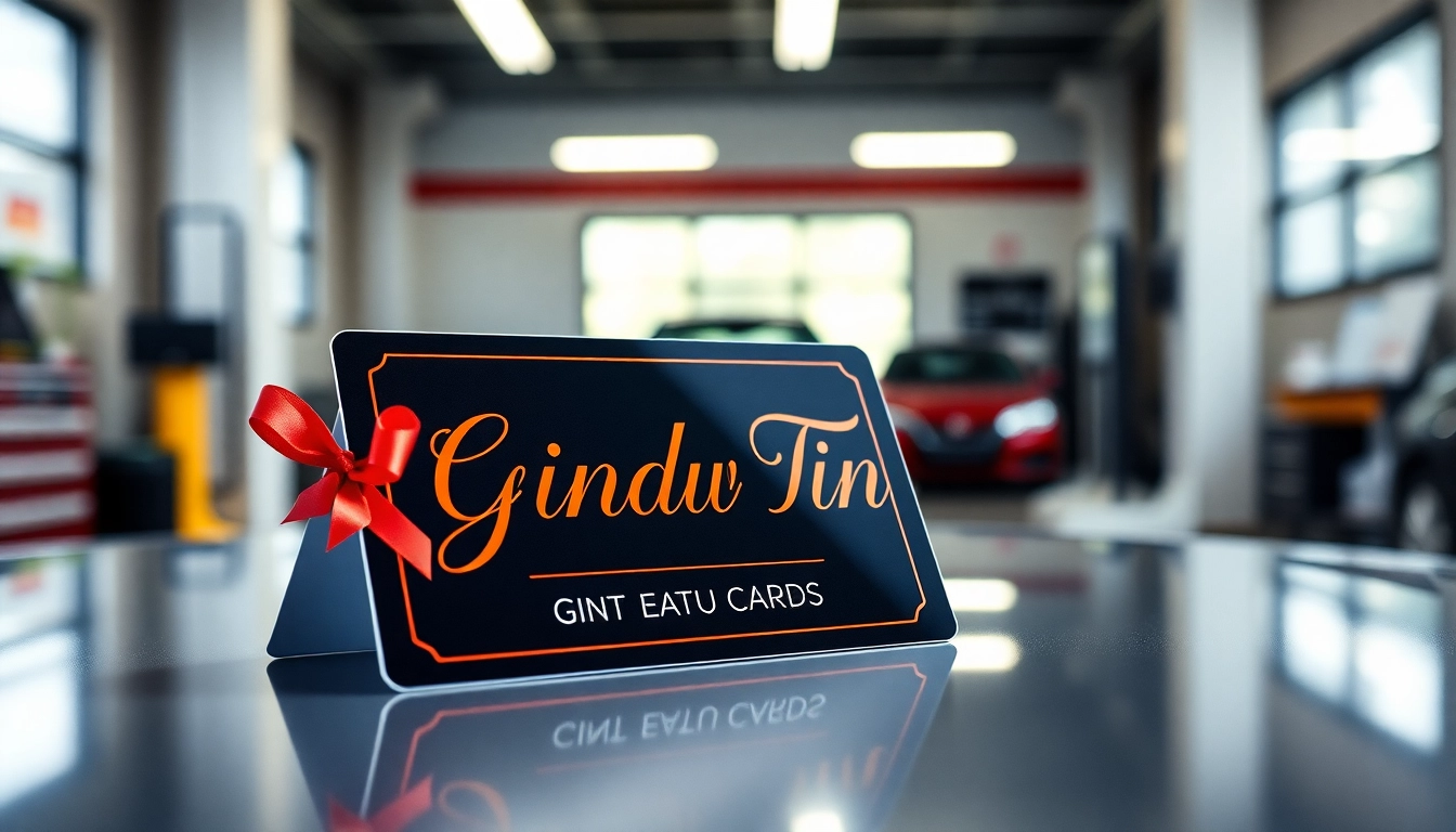 Enhance your vehicle with a window tint gift card displayed in a modern workshop setting.