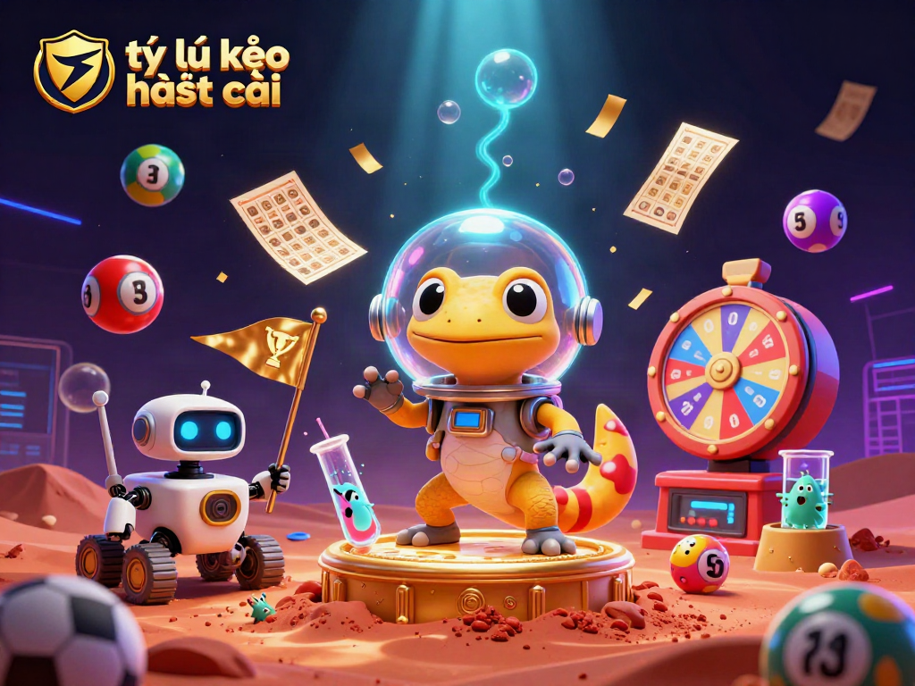 Engage with the dynamic world of tỷ lệ kèo nhà cái, featuring a cartoon gecko at a golden casino amidst sports betting symbols.