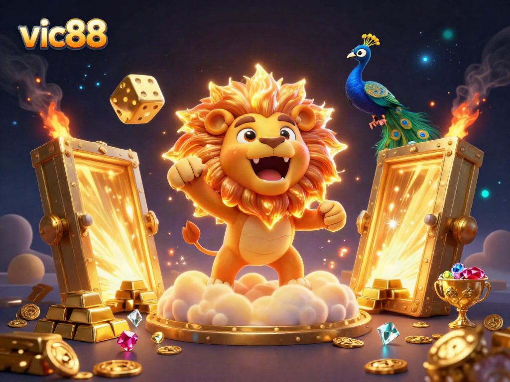 Experience victory at vic88 with a roaring lion and sparkling treasures in vibrant 3D.