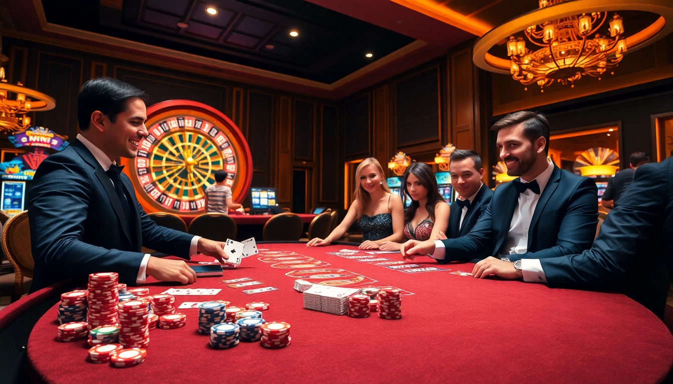 Exciting casino scene featuring CM88 with players betting at a vibrant table and spinning roulette wheel.