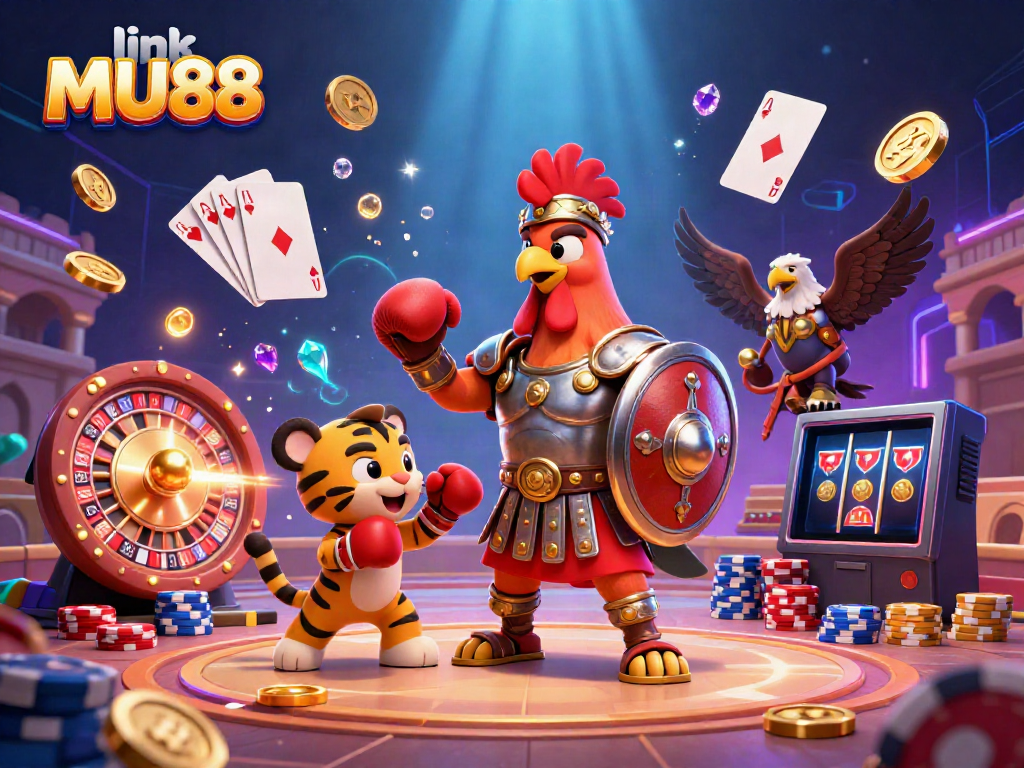 Engage in the thrill of gaming with link MU88, showcasing vibrant casino elements and action-packed design.