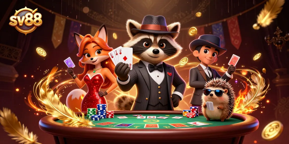 Win big at sv88 with a raccoon in a suit and a poker table filled with chips.