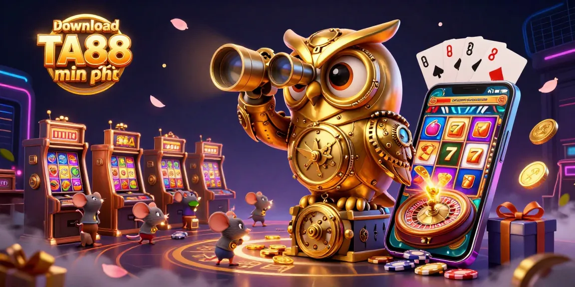 Experience excitement with download TA88 miễn phí as a whimsical golden owl monitors dynamic casino action with vibrant slot game elements.