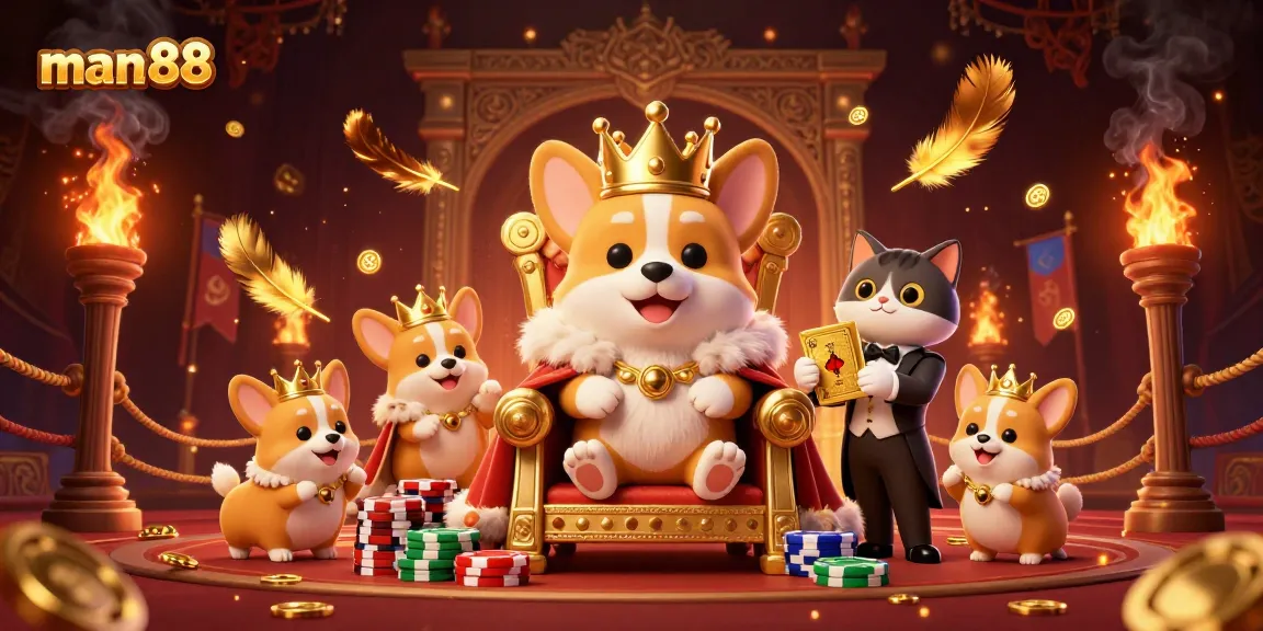 Experience top-tier gaming at man88, featuring a royal corgi ambiance with poker chips and rich casino elements.