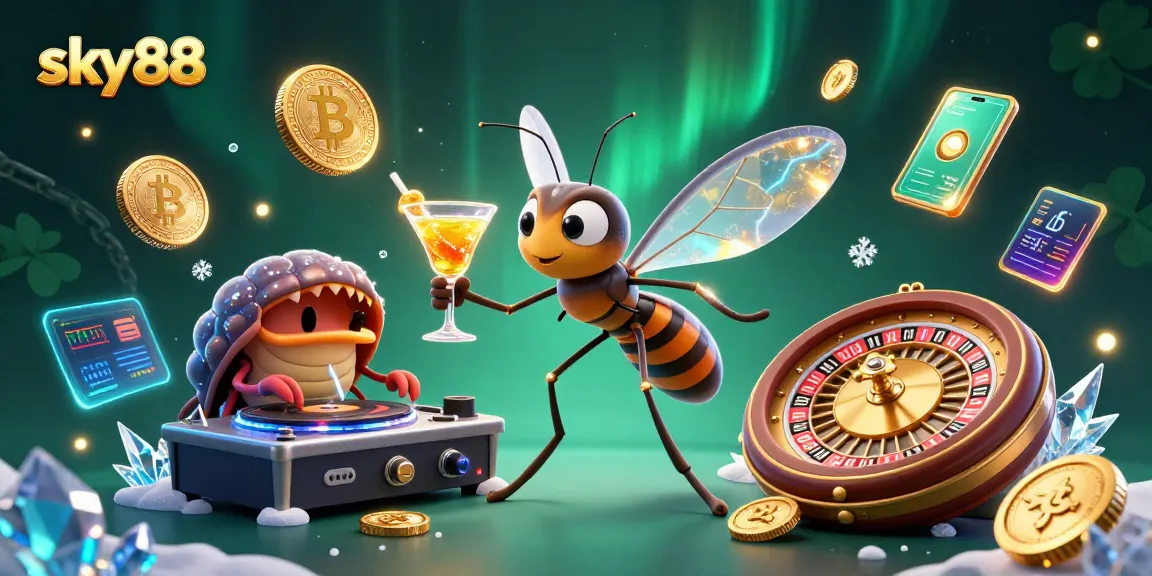 Sky88 casino mascot bringing lively energy to a digital gambling scene with crypto elements.