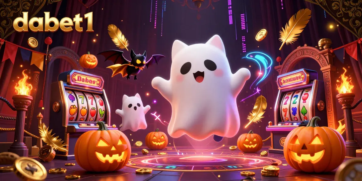 dabet1 casino illustration featuring a ghost cat and bat in a vibrant haunted casino.