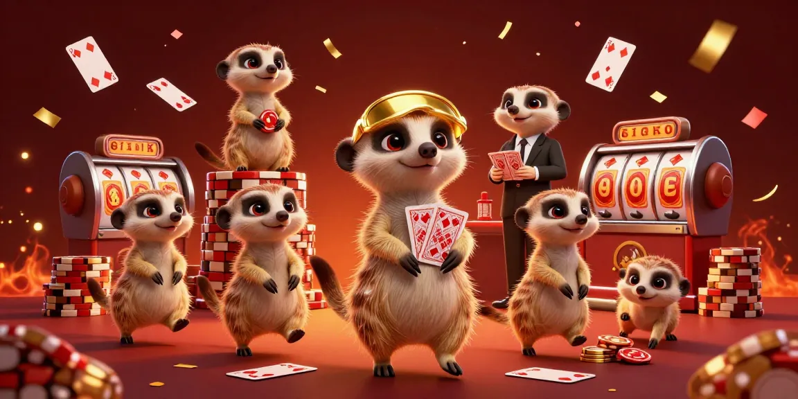 100VIP meerkats running a vibrant casino operation with lively card games and rich decorations.