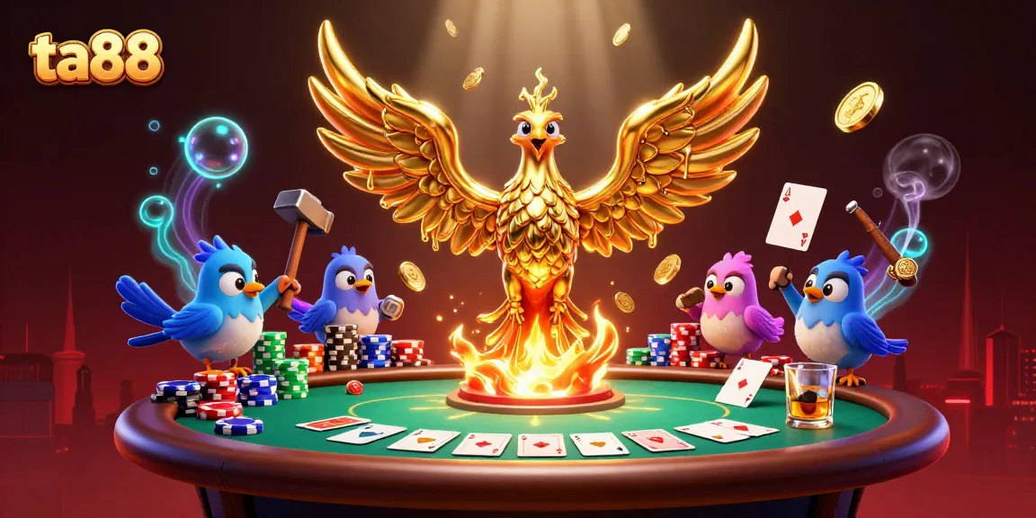 Experience thrilling ta88 poker action with a molten golden phoenix, vibrant game elements, and rich casino atmosphere.