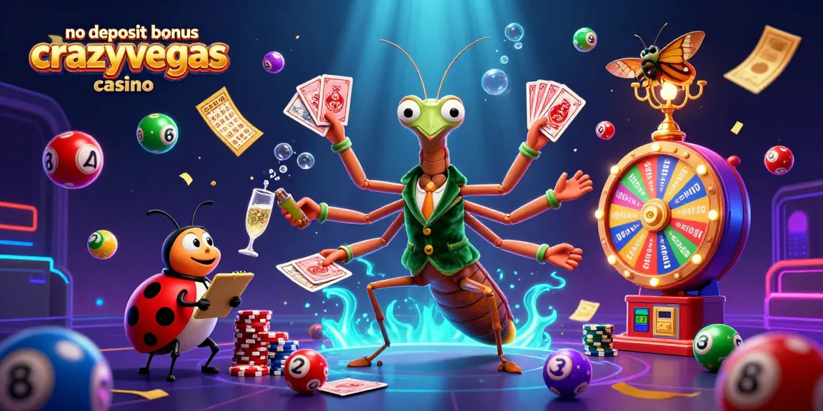 No deposit bonus crazyvegas casino highlights thrilling gambling actions with colorful lottery balls, a giant mantis dealer, and lively casino elements.